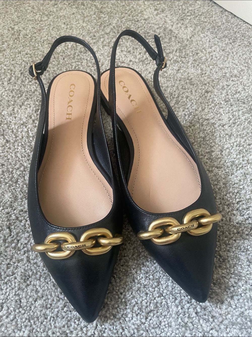 NWOT Coach Veronica leather skimmer Slingback flats w/ gold chain Black Sz 8.5